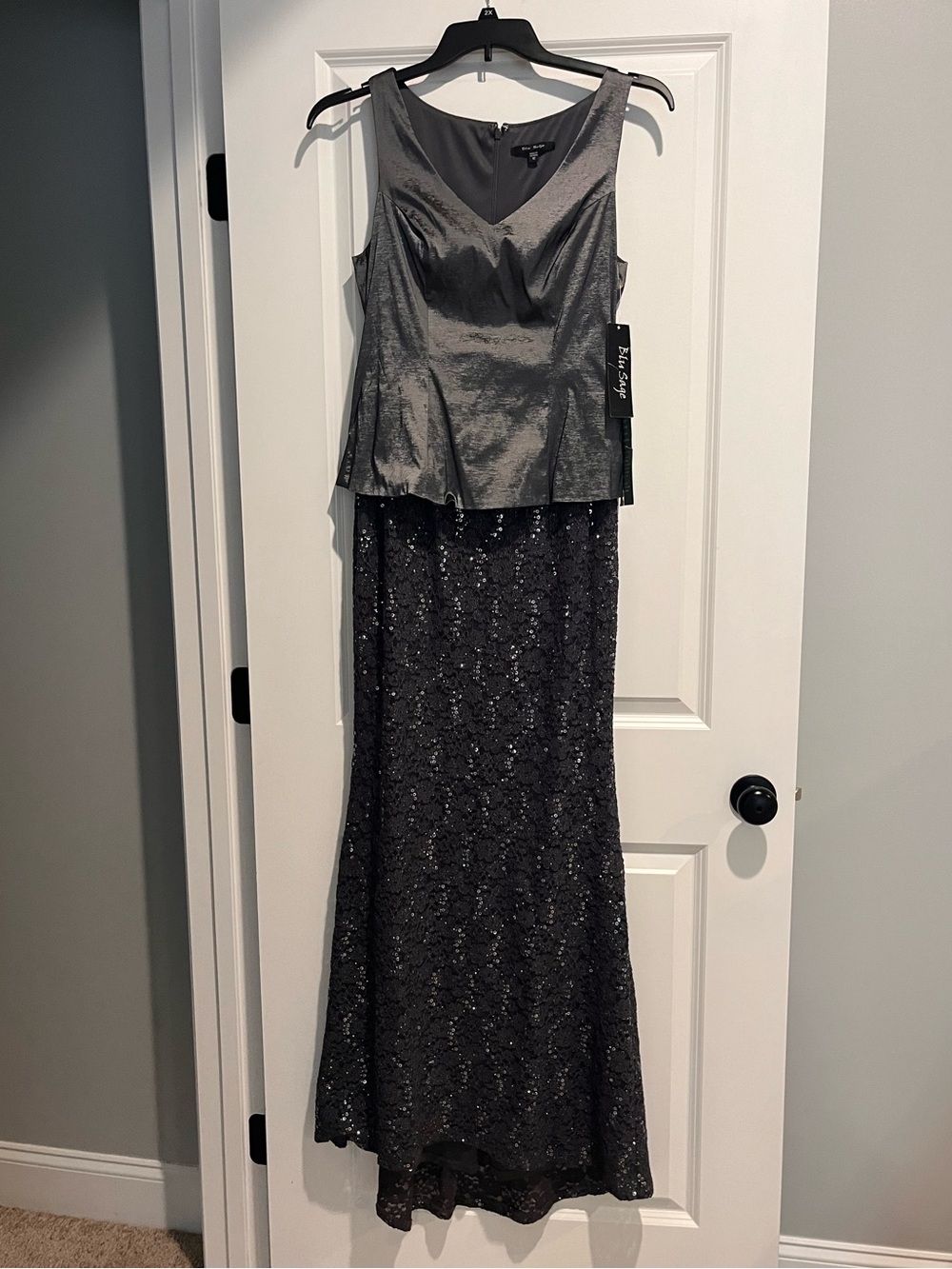 Blu Sage Metallic Gray Sequin Floor Length Evening Gown- mother of the bride